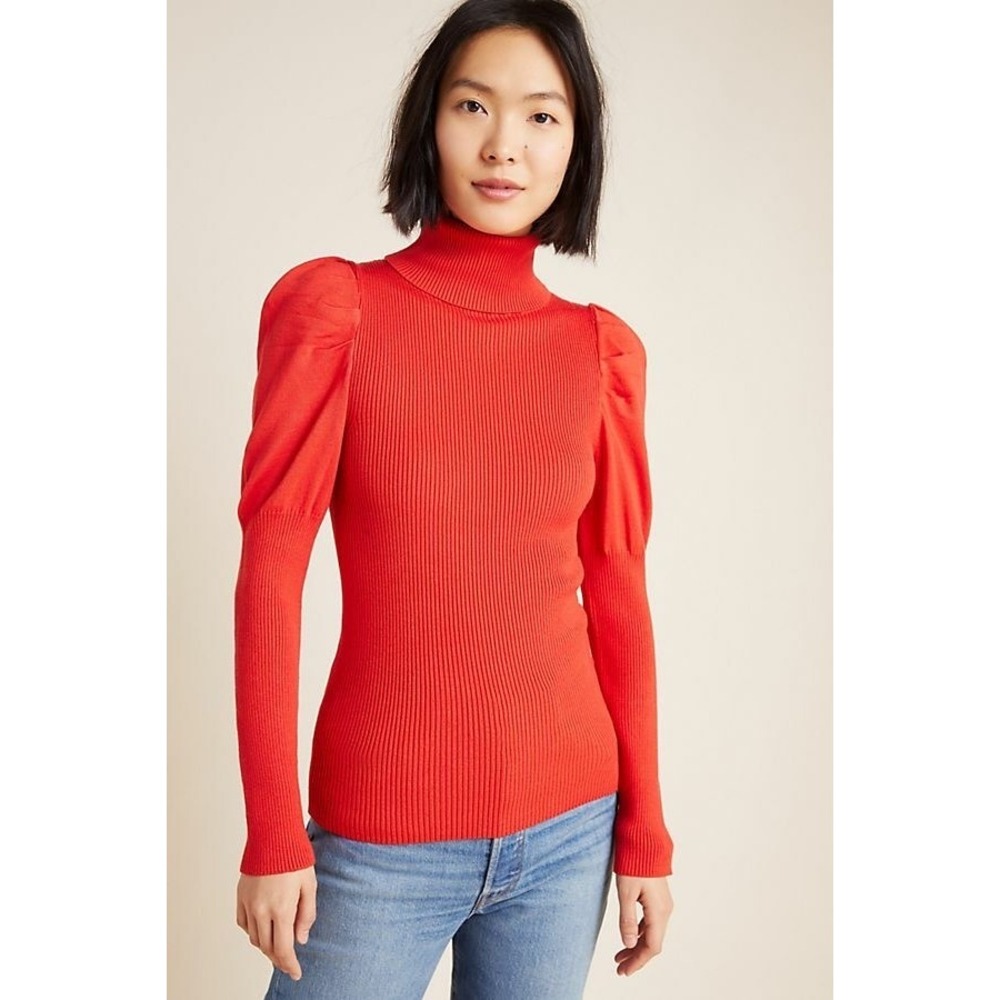 By‎ Anthropologie • Cecilia Red Puff Sleeve Ribbed Turtleneck Sweater XS